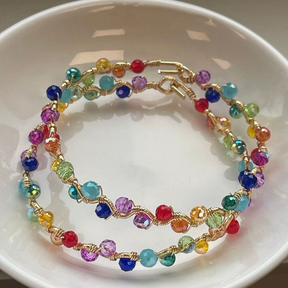 Lucy bangle bracelet 8” gold copper core PRIDE sparkle rainbow faceted glass bea